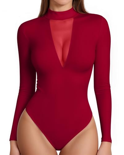 Image of Mangopop Women' Long Sleeve Ribbed Bodysuit Jumpsuits
