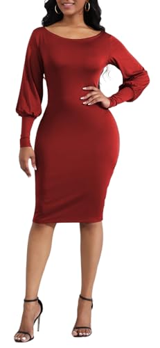 LalaLin Elegant Vintage Dress for Women Long Sleeve Solid Color Crew Neck One Shoulder Formal Gown Midi Dresses2