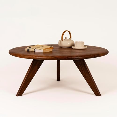Image of Solid Wood Round Coffee Table for Living Room, Dining Room, Kitchen | Wooden Center Table for Home Decor (55x55x40 CM, Brown)