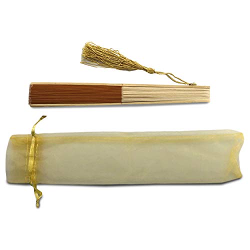Image of Fabric Folding Hand Fan with Tassel - Grade A Bamboo Ribs for Women (Dark Gold Yellow)