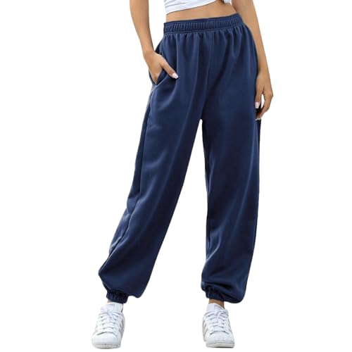 Nuofengkudu Damsportbyxor, joggingbyxor, löparbyxor, elastiskt midjeband, sweatbyxor med fickor, tygbyxor, hög midja, bekväma lösa fritidsbyxor, fitness, loungewear, Fleece marinblå, S