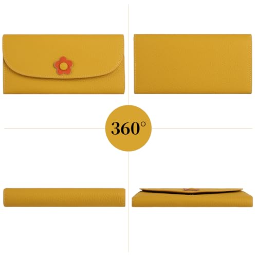Women's Floral Genuine Leather Long Envelop Wallet Clutch Purse Large Capacity (Yellow)3