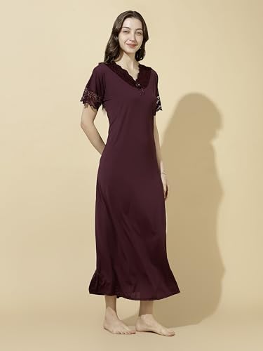 Image of 9shines Label Stylish Soft Modal Maxi Nighty | Honeymoon Nighty | Full Length Trendy Nightgown | V-Neck Lace | Premium Nightdress | Soft Long Nightdress | Maxi Gown Nightwear for Women (Malai Satin)