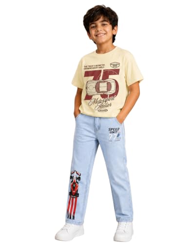 Image of KiddoPanti Boys Printed Co-Ords Set | 100% Cotton & Cottnon Spandex Woven | Drop Shoulder Tshirt with Jeans | Graphic Printed Design| Outerwear For Kids