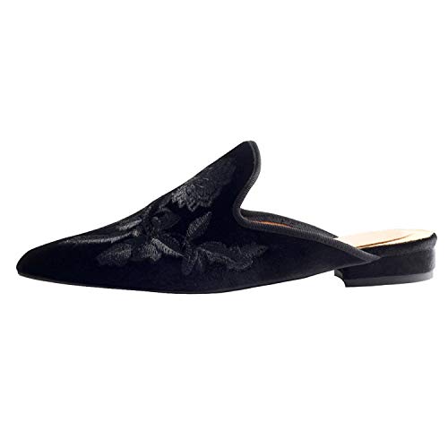 Image of Fericzot Women's Velvet Backless Pointed Toe Slip On Loafers Flats Embroidery Mule Slippers Shoes