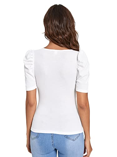 Verdusa Women's Casual Puff Sleeve Scoop Neck Slim Fit Ribbed Tee Shirt Top White L #TOP1