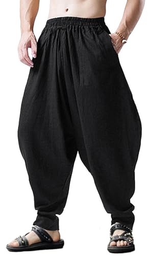 AITFINEISM Men's Drawstring Aladdin Hippie Harem Pants Loose Drop Crotch Trousers