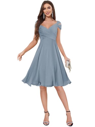 Short Off The Shoulder Bridesmaid Dresses Chiffon Ruffles Empire Waist Knee Length Formal Dresses4