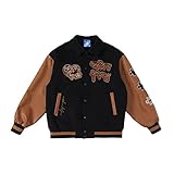  PUHONG Primavera y otoño Nuevo Bordado de Rompecabezas Chaqueta Suelta Marca de Marea Femenina Costura Solapa Uniforme de béisbol Chaqueta Informal Pareja Top(L,1)