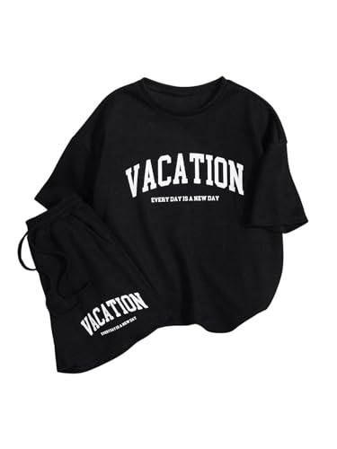 Image of Verdusa Girl's Tracksuit Sets 2 Piece Outfits Letter Print Vacation Tee Top and Drawstring Waist Shorts