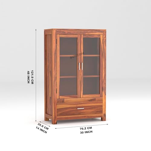 Image of SUNCOM Solid Sheesham Wood Sideboard Cabinet for Livingroom & Home Furniture - Wooden Cabinet with 2 Glass Doors & 1 Big Drawers for Storage - Designed to Display. Built to Store (Natural Finish)