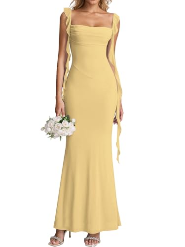 KUTUMAI Elegant Long Formal Wedding Guest Dresses for Women 2026 Ruffle Bodycon Cocktail Party Maxi Dress Yellow M