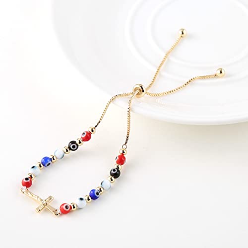 HZMAN Evil Eye Bracelet for Women Men 14K Gold Plated Jesus Crucifix Cross Retro Evil Eye Beads Luck Protection Stretch Bracelet Jewelry Gift2