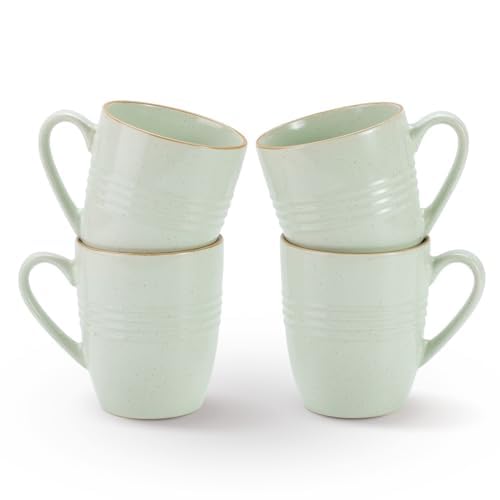 Richmount Jupiter Coffee Mugs Set of 4, 14oz/400ml Stoneware Tea Cups with Large Handle for Latte/Cappuccino/Milk/Cocoa/Tea, Microwave & Dishwasher Safe, Light Green