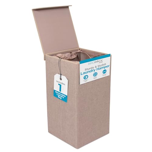 BIRDROCK HOME Single Laundry Hamper with Lid and Removable Liner | Linen | Easily Transport Laundry | Foldable Hamper | Cut Out Handles