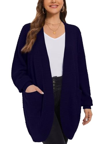 Image of LARACE Long Cardigans for Women Plus Size Tops Open Front Sweaters with Pockets Waffle Ribbed Sleeve Loose Fall Outwear