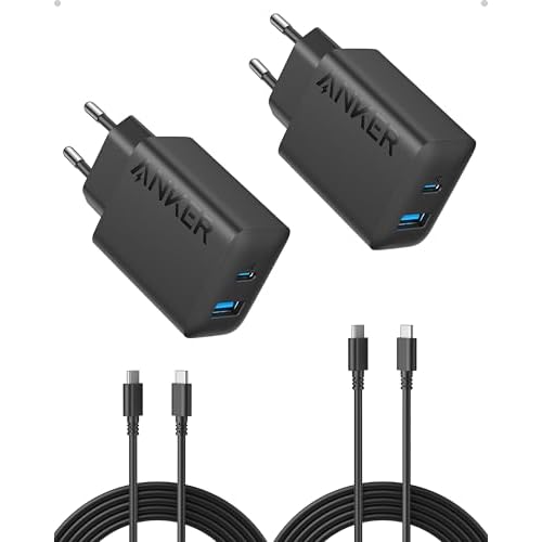 Anker Caricatore iPhone 20W USB C (2 pack), rapido da parete compatibile con iPhone 17 Pro Max Air/16/15/iPad e altro (con 2 cavo USB C da 150 cm) 2 pack Nero