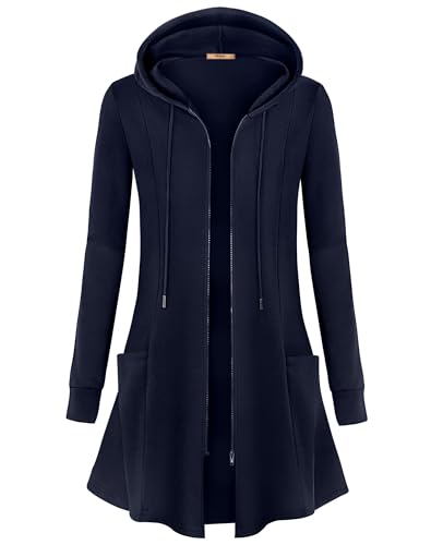 Miusey Womens Fleece Zip Up Jacket Long Cardigan Sweaters Juniors Casual Basic Thermal Lined Tunic Sweatshirts with Hood Navy Blue XX-Large