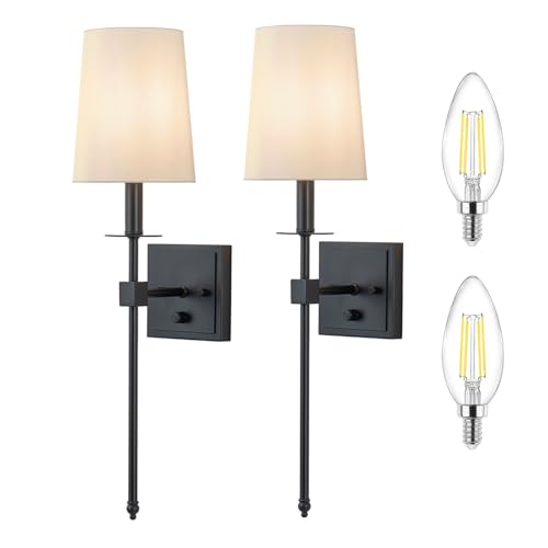 Image of Wall Sconces Sets of 2, Retro Industrial Wall Lamps, Hardwired Bathroom Vanity Sconces Wall Lighting with White Fabric Shade, Indoor Wall Lights for Bedroom Living Room Corridor Black