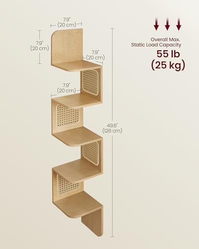 VASAGLE 5-Tier Corner Shelf, Wall Mounted Floating Shelf, Zigzag Corner Shelf Unit, PVC Rattan Sides, Space-Saving, for Kitchen, Living Room, Bedroom, Boho Style, Oak Beige ULLS582YC01S - Image 4
