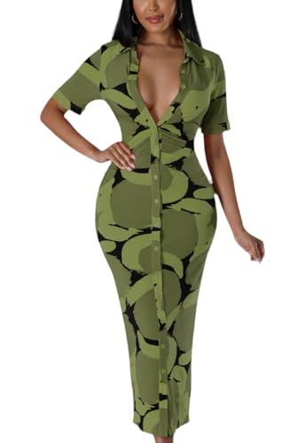 Image of ZERMOM Women's Button Down Shirt Dress Short Sleeve Print Collar V Neck Summer Bodycon Midi Dresses