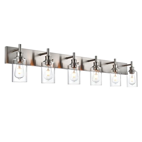 Image of Brushed Nickel 6 Light Bathroom Vanity Lights with Clear Glass Shade, Modern Industrial Bathroom Lighting Fixtures Over Mirror, E26 Vanity Wall Sconces for Bedrom Podwer Room Hallway