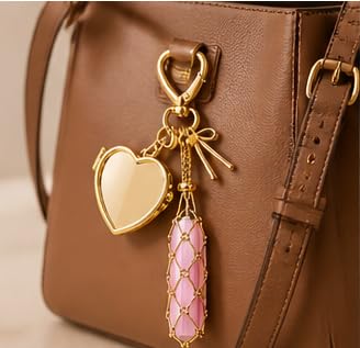 Image of Indiana Y2K Metal Lipstick Holder with Touch Up Mirror, Golden Heart-Shaped Clasp Design Portable Makeup Lipstick Balm Organizer Chic Bag Link Charm Accessories