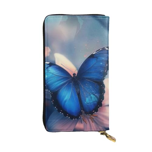 Portefeuille en cuir pour femme noir avec papillon bleu pour grand téléphone portable