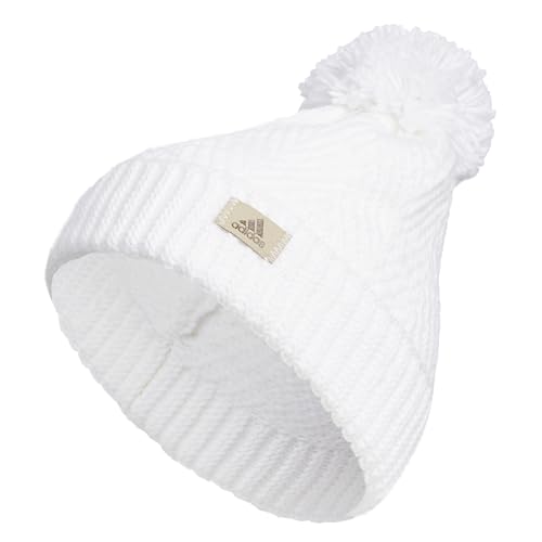 adidas Women's Pom Ballie Beanie, Cuffed Winter hat/Cap with Pompom Fuzzy Ball, White/Clear Onix Grey F23, One Size