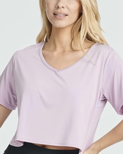 Real Essentials 5 Pack: Women's Dry-Fit Short Sleeve V-Neck Crop Top Boxy Athletic Tee3