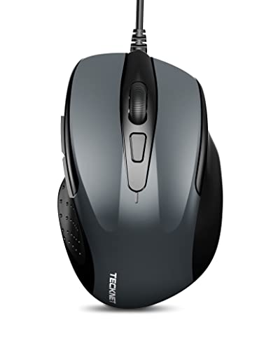 TECKNET USB Wired Mouse 6400 DPI Mice 4 Adjustable DPI with 6-Button Corded Optical Computer Mouse with Ergonomic Design for Laptop Chromebook PC Desktop Mac Notebook-gray-black