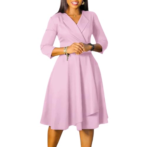 Image of Elainone Women 3 /4 Sleeve Casual Swing Flared A Line Dress Wedding Guest Semi Formal Office Work Dresses with Belt