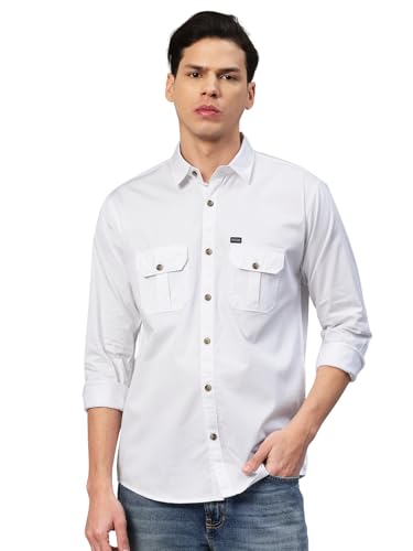 Image of Majestic Man Men's Washed Cotton Twill Casual Shirt -| with Dual Flap Pockets - Slim Fit | Full Sleeve | Casual Wear | Trendy & Comfortable