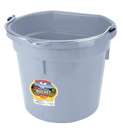 Little Giant® Flat Back Plastic Animal Feed Bucket with Metal Handle | Horse Feed & Water Bucket | 20 Quarts | Cool Gray