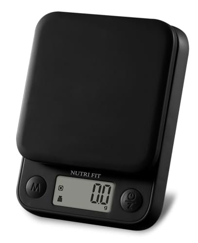 NUTRI FIT Digitale Mini Küchenwaage aus Kunststoff, Tragbare Lebensmittelwaage zum Backen Kochen, 5kg/11lb, großes LCD-Display, 2*AAA Batterien- Schwarz