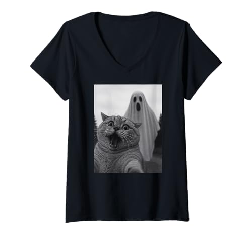 Womens Funny Cat Ghost Selfie Halloween Mom Dad Kids V-Neck T-Shirt