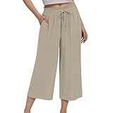 Pantalones de lino 3/4 para mujer, informales, transpirables, para verano, ligeros, 3/4, Culotte, de lino, holgados, de moda, pantalones de playa, pierna ancha, tiempo libre, cintura alta, pantalones