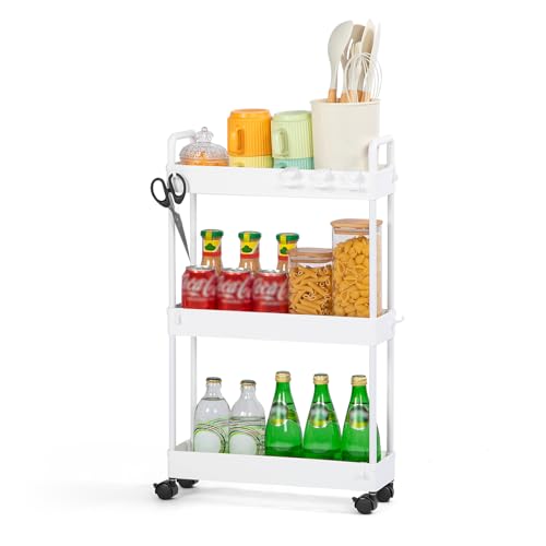 FoiiLiio Carrito Auxiliar de 4 Niveles,Carro de Cocina Estrecho Alto con Ruedas,Carro de Almacenamiento,Carrito con Ruedas para Cuarto de baño,Cocina,38.8 x 12.5 x 65 cm,Blanco