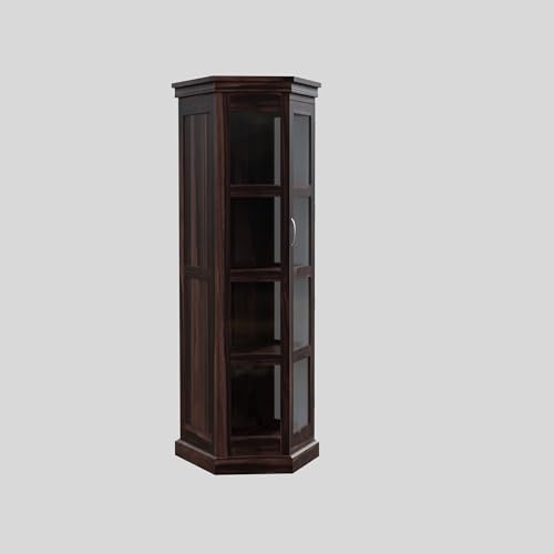 Image of Krishna Wood Decor Solid Sheesham Wood Corner Cabinet with Four Shelves | Tall Display Unit Storage with Acrylic Glass Door for Living Room & Office | Wooden Bookcase /Corner Showcase | Walnut Finish