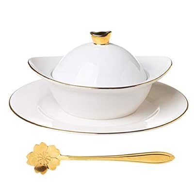 DOITOOL Ceramic Soup Bowl with Lid Sauce and Spoon Tremella Oats Bowl Dessert Noodle Porridge Serving Bowl Soup Tureen Steaming Egg Cup for Home Kitchen Restaurant