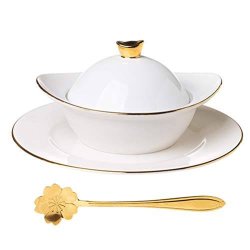 DOITOOL Ceramic Soup Bowl with Lid Sauce and Spoon Tremella Oats Bowl Dessert Noodle Porridge Serving Bowl Soup Tureen Steaming Egg Cup for Home Kitchen Restaurant