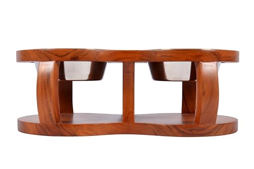 Image of Pure Souls Skye Pet Feeder, Natural Acacia Wood Feeders Stand, Elevated Dog Bowls 750 ml, Food Water Diner, Durable Double Bowl Feeding Stands for Dogs - Medium (43 x 21 x 12 cm)
