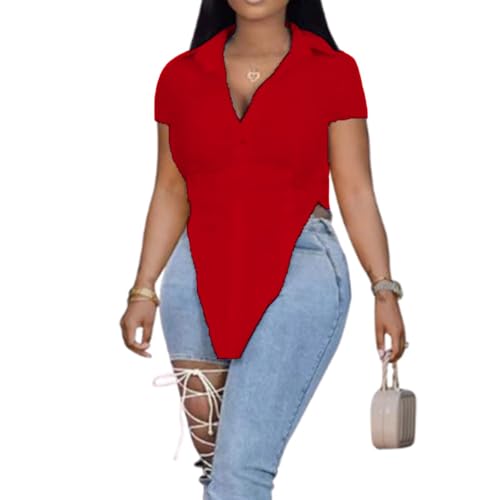 Button Up Split Shirts for Women Short Sleeve Irregular Hem Tunic Blouse Top Red S