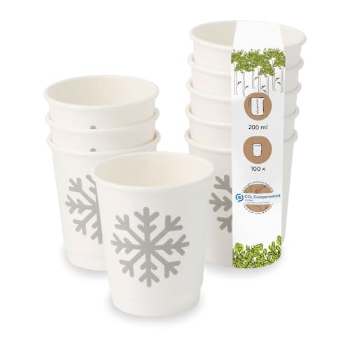 BIOZOYG 100 gobelets de 200 ml à double paroi 'Flocons de neige' d'hiver pour café à emporter biodégradables à usage unique. Gobelets à double paroi en carton blanchi sans chlore pour le auv vin chaud