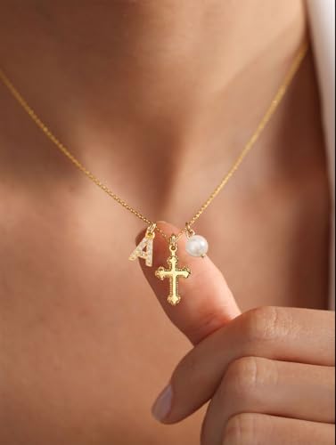 Initial A-Z Pearl Cross Necklace for Girls Teen,First Communion Baptism Confirmation Birthday Gifts for Her Goddaughter3