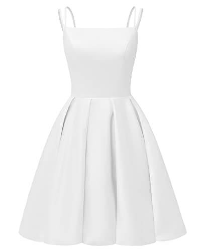 Image of Tianzhihe Satin Homecoming Dresses for Teens 2026 Spaghetti Straps A-line Square Neck Short Cocktail Party Dress with Pockets