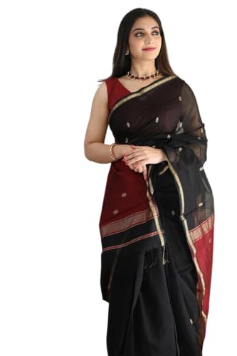 AKLEENA Women's Banarasi Cotton Silk Saree with Golden Zari Border | Soft Silk Saree with Unstitched Blouse Piece (BLACK-RED)