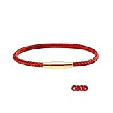 POYAMUSE Braided Steel Wire Bracelet for Women Men Adjustable Fashion Jewelry Gift Classic Black Rope with Gold Clasp 3mm Minimalist Wristband - Red 19cm