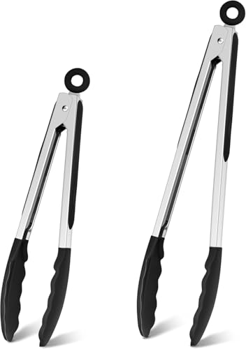 2-Piece Kitchen Tongs Set (9 inches + 7 inches) Stainless Steel Food Tongs with Silicone Tips and Locking Mechanism - Heat Resistant, Non-Slip Handles, Ideal for Cooking, Serving and Barbecuing