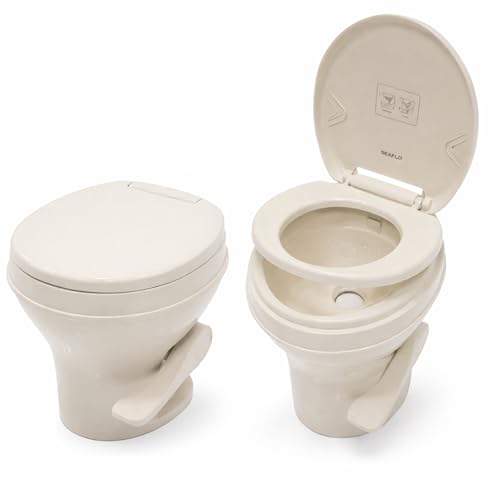 Image of SEAFLO Bone RV Toilet, Residential Height 18.4 inch, Gravity Flush Foot Pedal, Soft Close Seat, Camper Toilet for RV Motorhome Travel Trailer, Parchment, SFRTPH-02-01, 4-Year Warranty